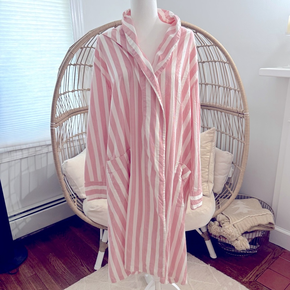 Derek Rose XL Cotton Striped Robe Pink White Made in England Luxury Lounge